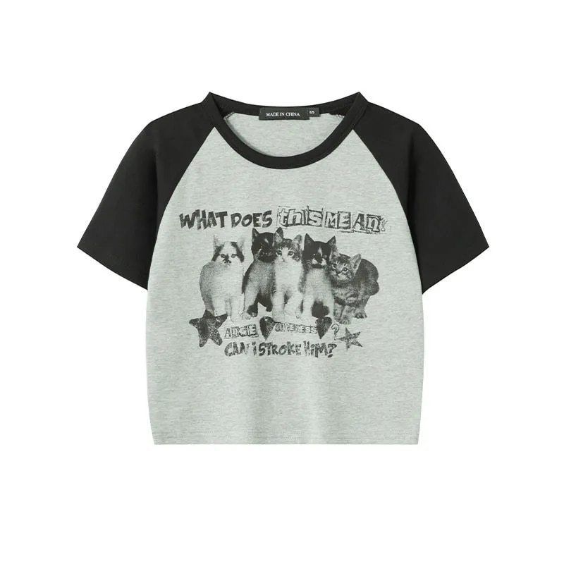 American-sty Spicy Girl Patchwork Short T-shirt With Cute Cat Print, Casual Summer Slim-fit Round-neck Ins Top_ecoleips.com