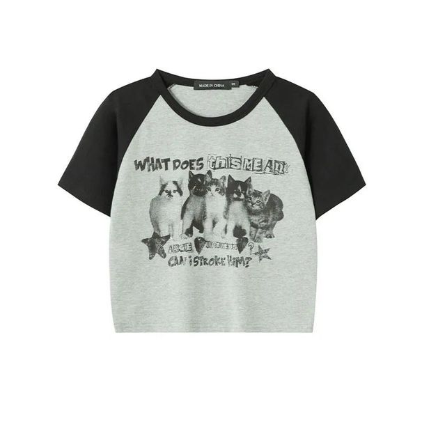 American-sty Spicy Girl Patchwork Short T-shirt With Cute Cat Print, Casual Summer Slim-fit Round-neck Ins Top_ecoleips.com