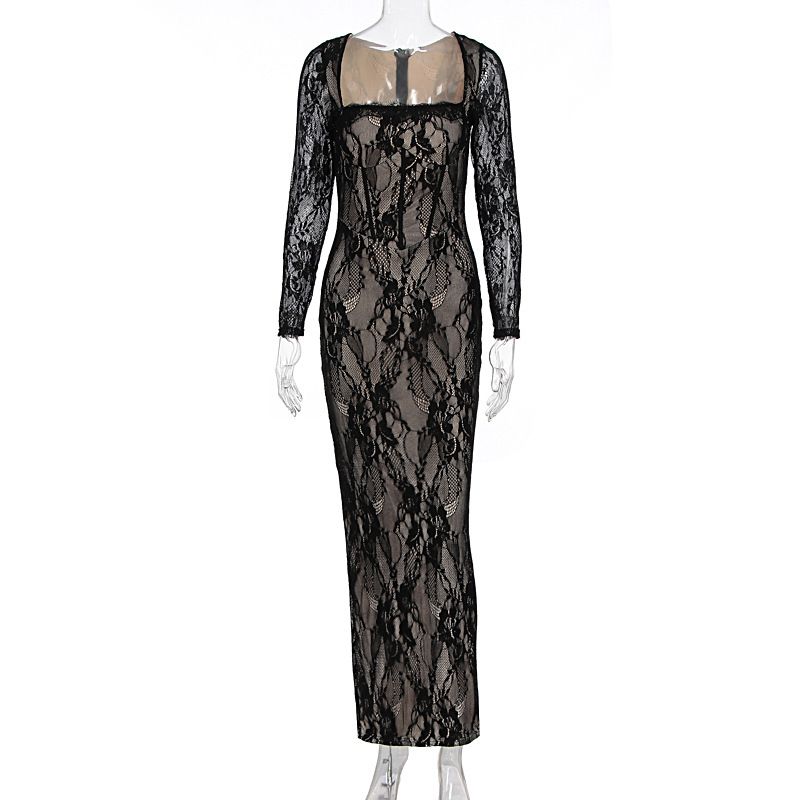 New Arrival Temperament Lace Square Neck Waist Cinched Long Sleeve Elegant Party Women's Dress_ecoleips.com