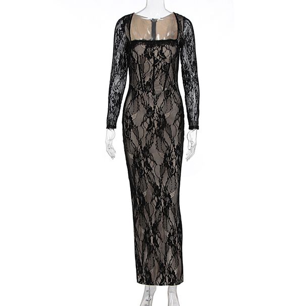 New Arrival Temperament Lace Square Neck Waist Cinched Long Sleeve Elegant Party Women's Dress_ecoleips.com