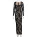New Arrival Temperament Lace Square Neck Waist Cinched Long Sleeve Elegant Party Women's Dress_ecoleips.com