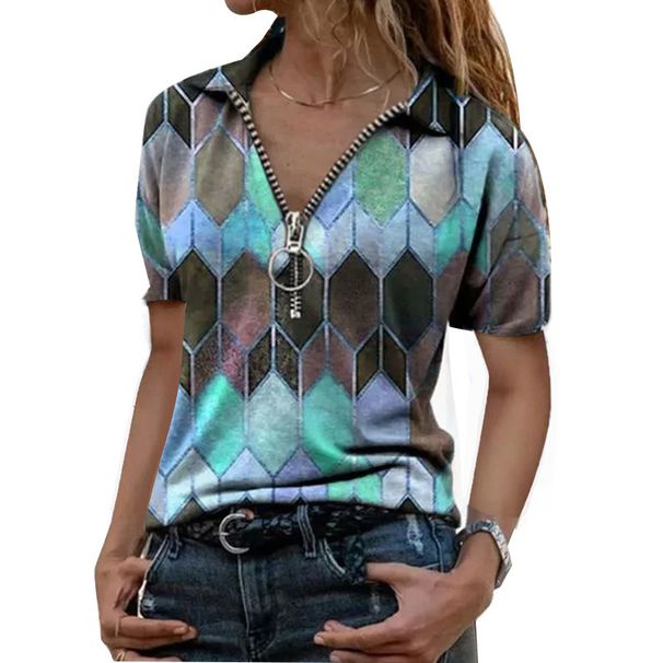 Plus-Size Women's Clothing T-Shirt, Summer Short-Sleeved Zipper V-Neck Contrasting Color Printed Base Layer Top_ecoleips.com