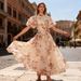 Women's Clothing Women's Floral Embellished Dress Elegant Style Single-Breasted Puff Sleeve Long Skirt Summer Dress_ecoleips.com