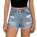 Vintage High Waist Button Fly Distressed Denim Shorts For Women - Mid Blue Washed Ripped Casual Hot Pants With Raw Hem_ecoleips.com