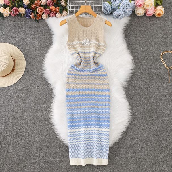 Women's Clothing Gradient Striped Vest Dress Female Summer Slim High End Sleeveless Knitted Long Skirt_ecoleips.com