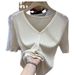 Summer New Women's Ice Silk Knit Cardigan V Neck Short Sleeve Thin Design Simple Red Top T-Shirt_ecoleips.com