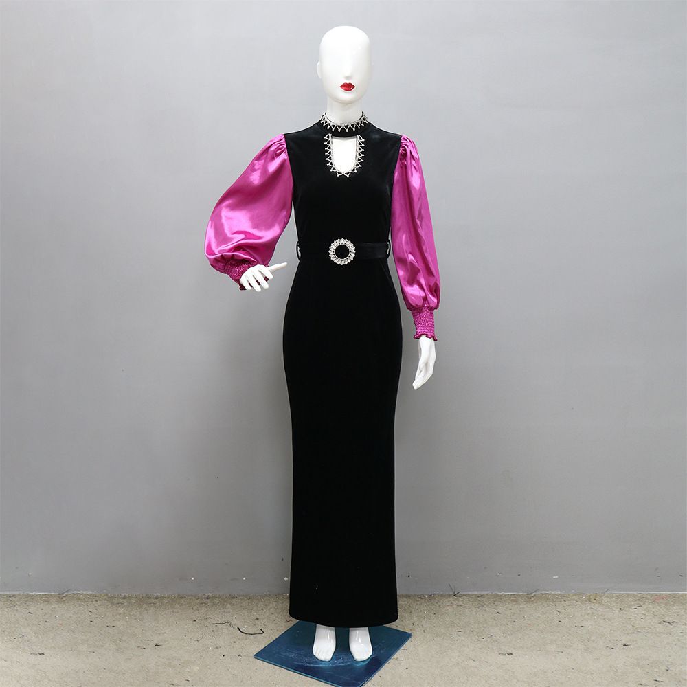 Modest Abaya Dress Elegant Velvet Zip-Up Robe Dress – Stylish Contrast Color Slim Fit Long Dress For Women, Perfect For Parties & Evening Events_ecoleips.com