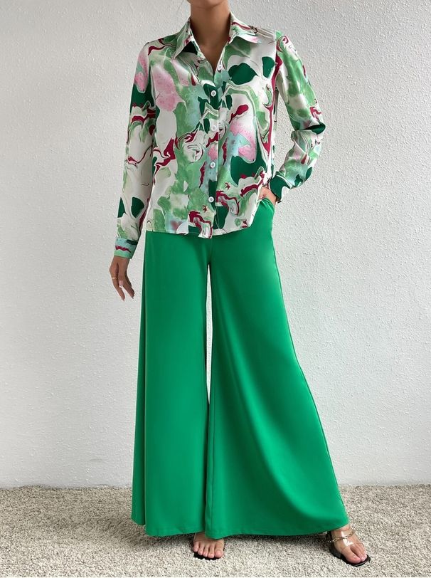 Printed Long Sleeve Blouse & Wide-Leg Pants Set – Flowy Polyester Work-to-Weekend Outfit (S-3XL, 7 Vibrant Colors, Euro-US Elegant Style)_ecoleips.com