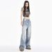 Light Blue American Street Worn White Ripped Straight Jeans For Women's Autumn And Winter New Style, Loose High Waist_ecoleips.com