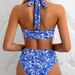 Women's High Cut Halter Neck Bikini Set Blue White Floral Print Sexy Swimwear Regular Fit For All Seasons_ecoleips.com