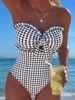 Women's Slim Fit Strapless One Piece Swimsuit 2026 European American Style Striped Checkered Tie Waist Beach Vacation Swimwear_ecoleips.com