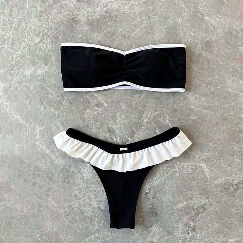 Women's Clothing Swimsuit Solid Color Tube Top Ruffled Beach Hot Spring Bikini_ecoleips.com