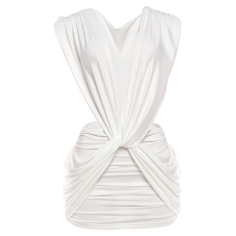 Women's Solid Color Slim Fit V Neck Dress Style Spring New Sexy Deep V Sleeveless Hip Pleated Bodycon_ecoleips.com