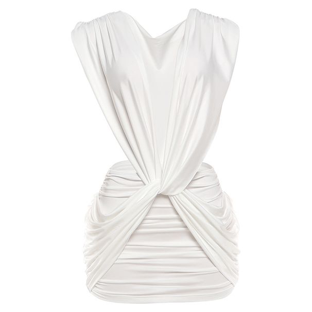 Women's Solid Color Slim Fit V Neck Dress Style Spring New Sexy Deep V Sleeveless Hip Pleated Bodycon_ecoleips.com