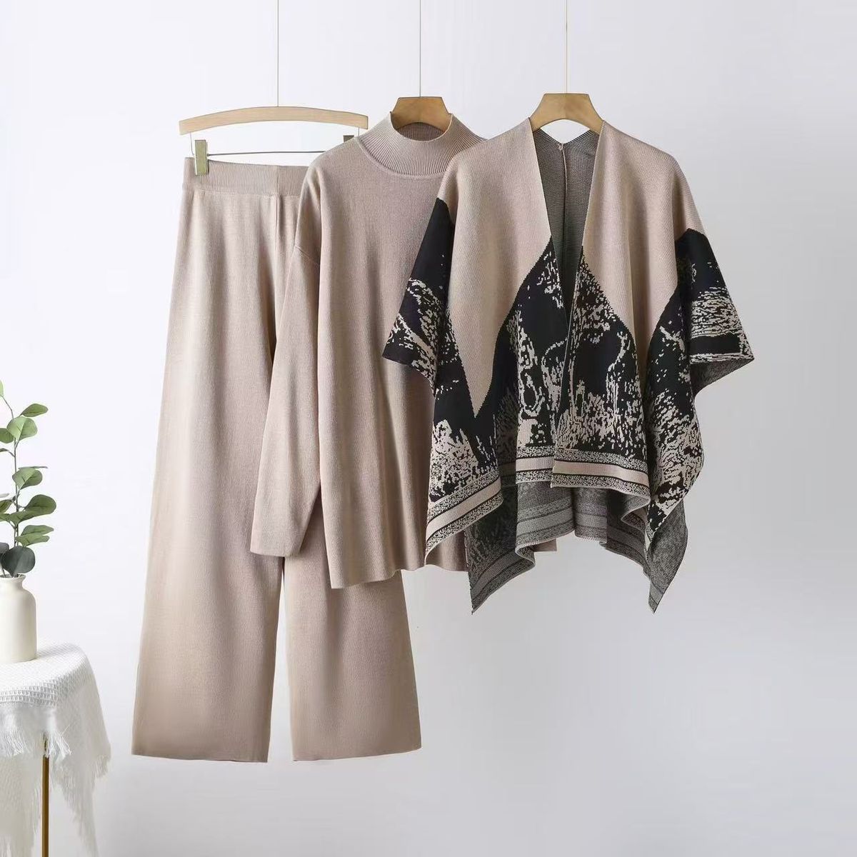 Fashion 3-Piece Set: Shawl Cardigan + Oversized Sweater + Wide Leg Pants – Elegant Office & Casual Outfit, Wrinkle-Free Polyester, Plus Size Friendly_ecoleips.com