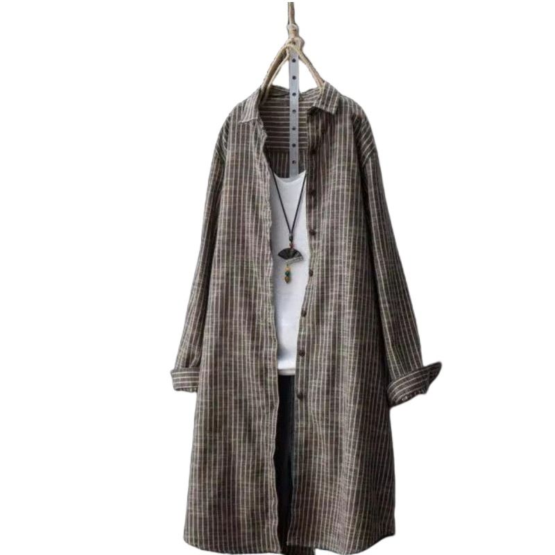 Women's Spring/Summer Striped Shirt With Cardigan-Style Outer Layer, Featuring Relaxed Korean-Inspired Design And Long-S_ecoleips.com