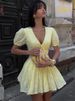 Tossy Yellow Lace-Up Printed Mini Dress Women's V-Neck Slim Short Sleeve Elegant Commute Bandage Dress Evening Ladies Clothes_ecoleips.com