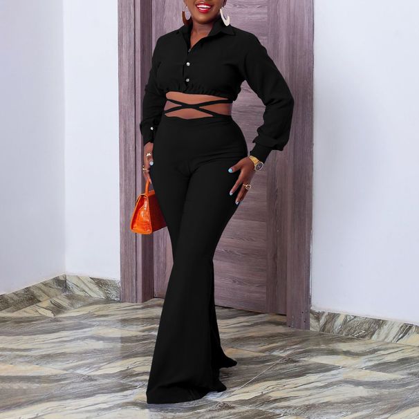 Women's Clothing Solid Color Long Sleeved Lapel Short Shirt Top Wide Leg Trousers Two Piece Suit_ecoleips.com
