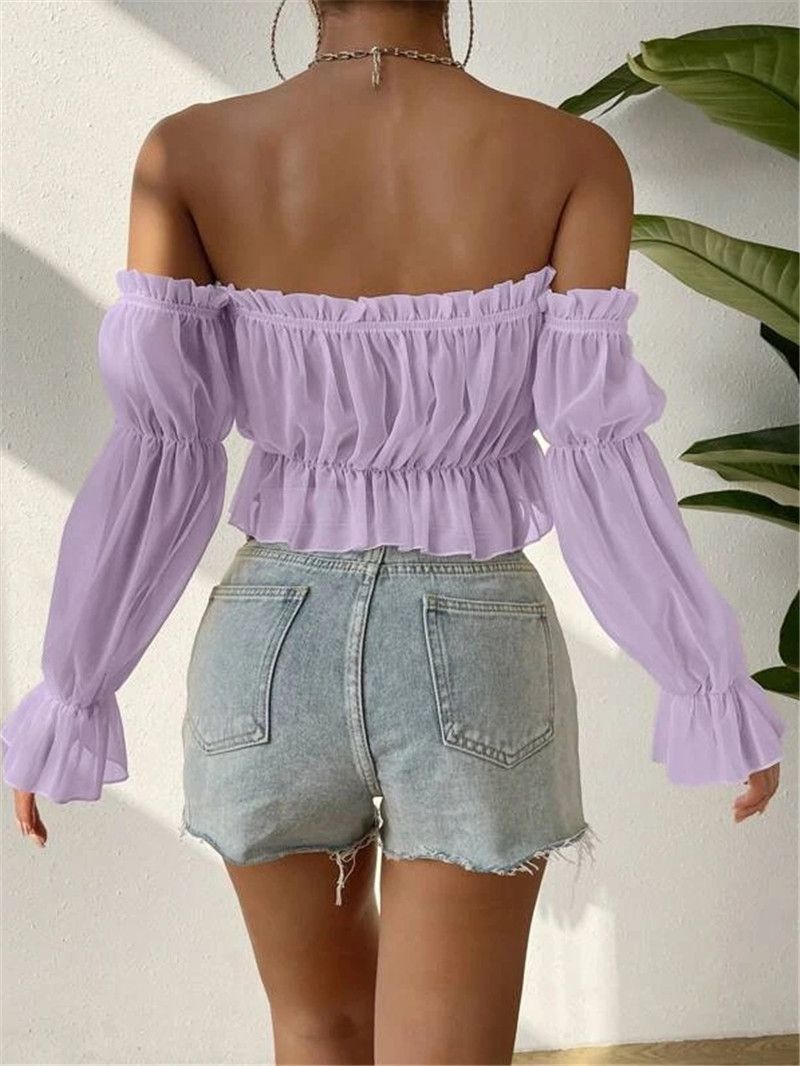 Women's Clothing Women's Spring And Summer Sexy One Line Collar Off Shoulder Ruffled See Through Chiffon Pleated Shirt_ecoleips.com