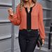 Verve 2025 Women's Fashion Autumn Winter New Color Block V-neck Puff Sleeve Blouse Top_ecoleips.com