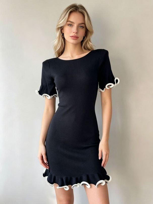 New European And American Style Skirt With Ruffles, Short Sleeves, Rolled Edges, Slim-fit Knit Dress, Solid Color French_ecoleips.com