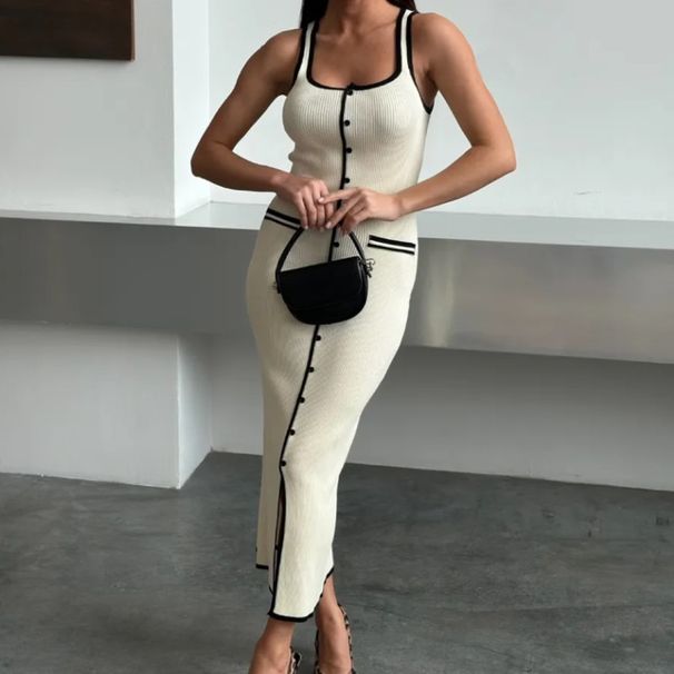 Women's Clothing Vest Dress Contrast Color Single Row Multi Button Slit Long Knitted Dress_ecoleips.com