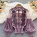 Women's Clothing Lace Base Layer Shirt Slim Fit Crop Top Three Dimensional Floral Patchwork Sheer Mesh Lantern Sleeve Designer Foreign Trade_ecoleips.com