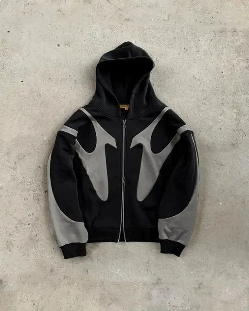 Y2K Streetwear Hooded Zip-Up Jacket – Retro Harajuku Print Unisex Oversized Sweatshirt (Black/Blue/Green/Gray)_ecoleips.com
