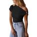 Women's Slim Fit Ribbed T-Shirt Solid Color With Metallic Decoration Short Sleeve American Style_ecoleips.com