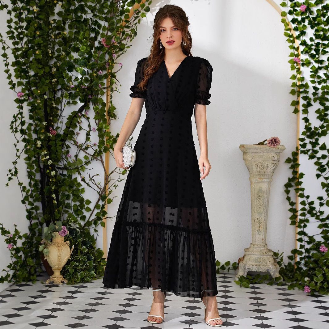 Elegant V-Neck Ruffled Chiffon Dress For Women's Spring And Summer_ecoleips.com