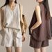 Fashion And Casual Sleeveless Shorts Set For Women In Summer 2025, New Loose Plus V-neck Solid Color Vest Two-piece Set_ecoleips.com