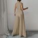 Women's Clothing Matronly Style Pleated Jumpsuit With Bow Tie Waist Fitted Suit Collar Fashion_ecoleips.com