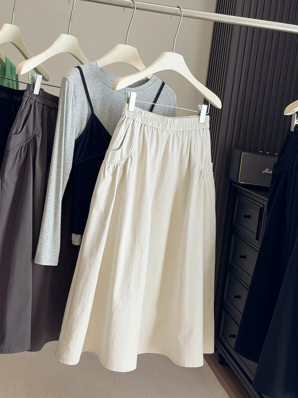 Women's High Waist A-Line Skirt Elastic Waist Loose Pocket Midi Umbrella Skirt Spring Autumn New 2026_ecoleips.com