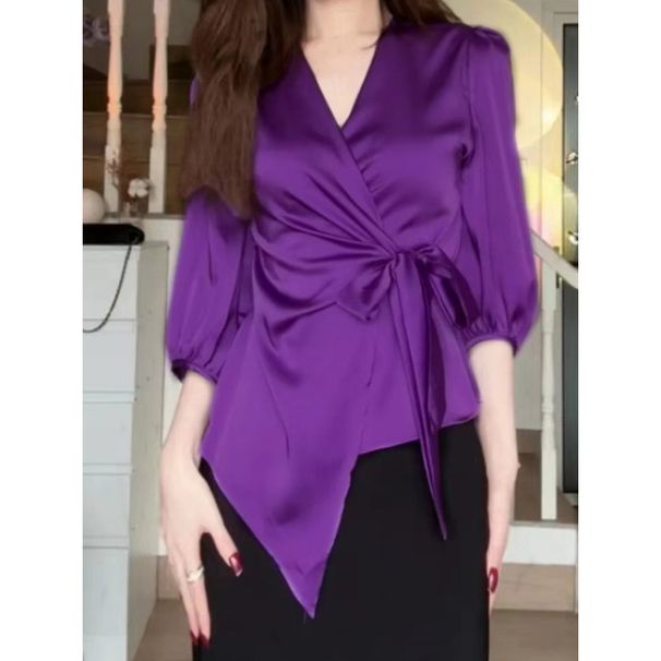 Autumn Tops, Irregular Lace-Up Cardigans, Three-Quarter Sleeves, Satin Tea Outfits_ecoleips.com