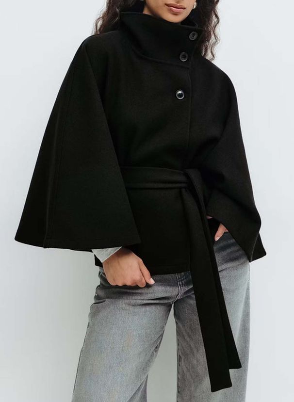 Women's Autumn/Winter Fashion Solid Color Cloak With Standing Collar, Buttoned Belt, And Windbreaker Jacket_ecoleips.com