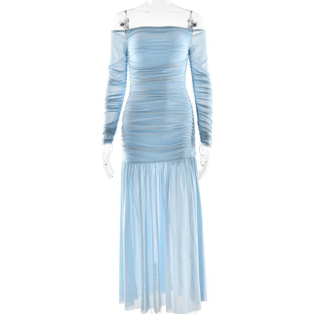 Women's Clothing Summer Fashion Temperament One Shoulder Long Skirt Sexy Backless Pleated Slim Dress Female_ecoleips.com