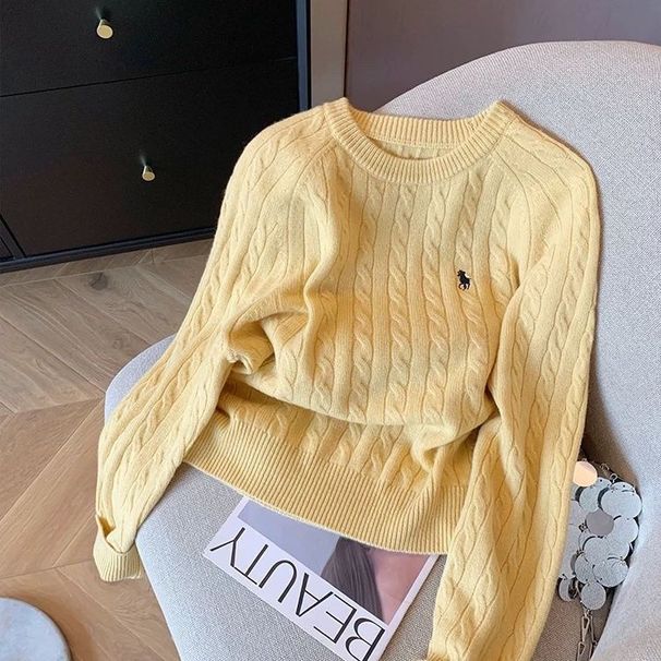 Yellow Embroidered Cable Knit Women 2024 Autumn Winter New Gentle Age-Reducing Versatile Soft Pullover Sweater_ecoleips.com