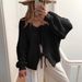 Women's Clothing Elegant V-Neck Tie-Front Knit Cardigan Soft Stylish Long Sleeve Open Front Sweater Lightweight & Versatile For Office & Casual Wear_ecoleips.com