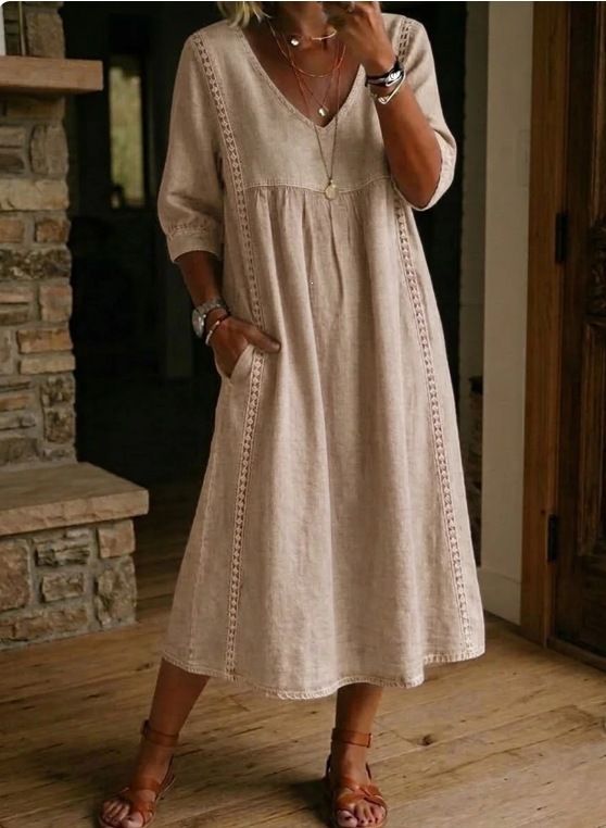 Women's Clothing Women's Linen Patchwork V Neck Dress Loose Three Quarter Sleeve A Line Midi Casual Style Commuter Spring_ecoleips.com