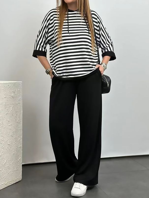 Women's Stripe Hooded Mid-Sleeve Top & Solid Straight-Leg Pants 2-Piece Set, Casual Elegant Outfit Breathable And Lightweight_ecoleips.com