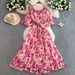 Women's Clothing French Elegant Three Dimensional Flower Round Neck Trumpet Sleeve Dress For Women Summer Waist Slimming Printed Pleated Skirt_ecoleips.com