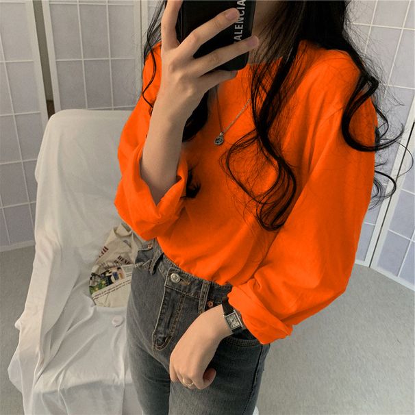 Korean Style Women's Long Sleeve T-Shirt Spring Autumn Solid Color Loose Fit Versatile Student Clothing Top for Ladies_ecoleips.com
