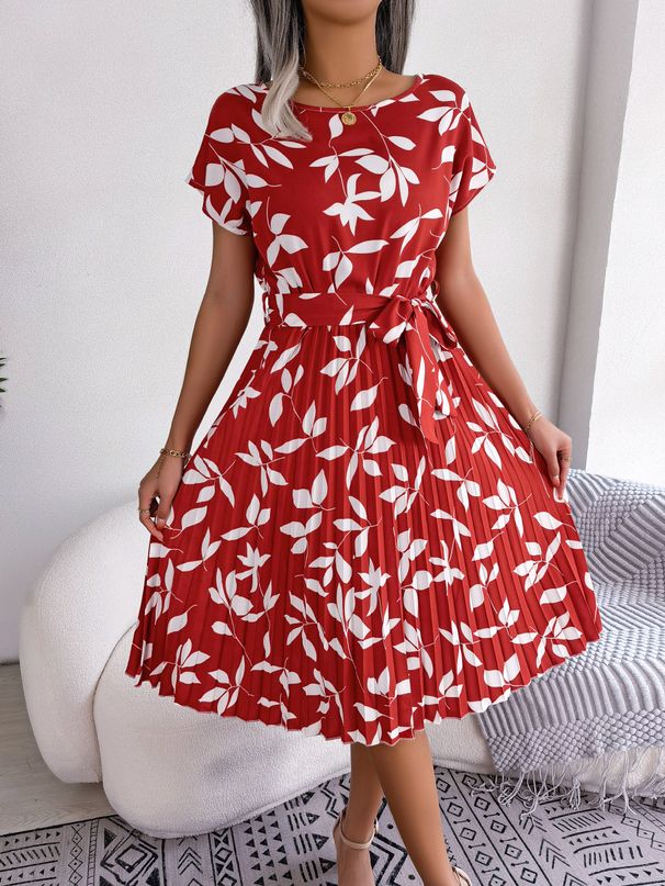 Ins Style Real Shot Spring Summer European American Casual Leaf Short Sleeve Flared Pleated Dress_ecoleips.com