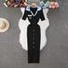 Women's Clothing Contrast Color Polo Collar Sweater Dress Fashion Pocket Hip Long Skirt Short Sleeve Embroidery Knitted Dress_ecoleips.com