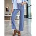 Comfortable Women's Light Blue Straight Leg Jeans Multiple Buttons Frayed Edges Cross Border Exclusive Factory Direct_ecoleips.com