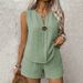 Women's Solid Color Casual Suit V-Neck Sleeveless Shirt with Pocket And Shorts Two-Piece Set European American Style_ecoleips.com
