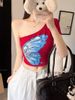 Hot Girl's Off-Shoulder Butterfly Print Short T-Shirt For Spring Summer With Chest Pads, Extremely Beautiful And_ecoleips.com
