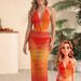 Women's Clothing Blue Green Gradient Knitted Swimsuit Set Women's Long Skirt Swimwear Hollowed Out See Through Hot Spring Beach Style_ecoleips.com