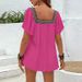 Elegant Summer Vacation Blouse With Lace Embroidery, Square Neckline & Peek-A-Boo Back Detail – Flowy Short Sleeve Top For Women_ecoleips.com