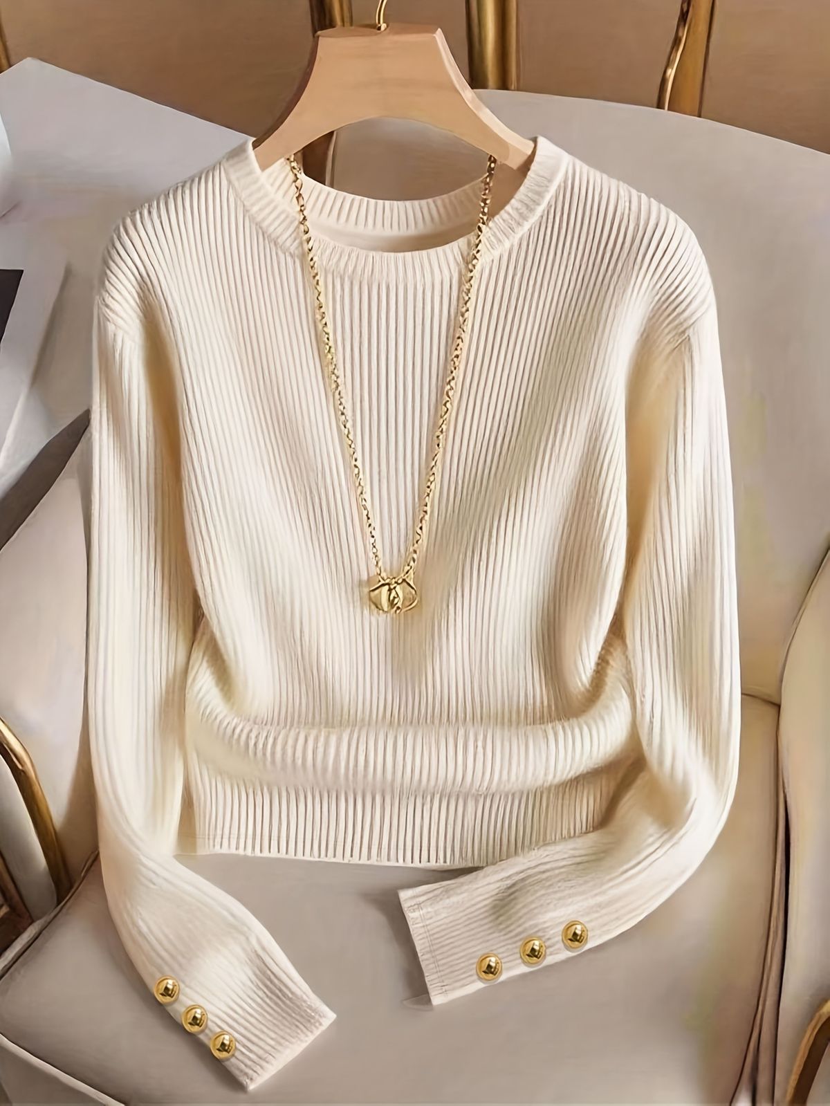 Women’s Ribbed Knit Sweater Long Sleeve Crew Neck Pullover Soft Stretch Casual Chic Top Elegant Fall Winter Fashion Button Cuff Jumper_ecoleips.com